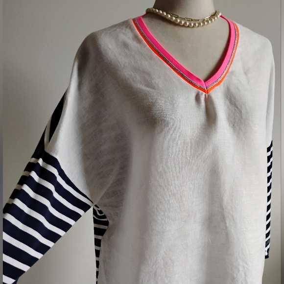 Vilagallo Linen Breton Stripe V-Neck Top White Navy Neon Pink Coastal Sz Large - Picture 1 of 14